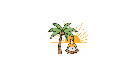 Obraz premium Man meditates under a palm tree.