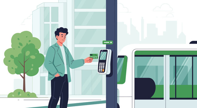 Man using contactless card for public transport payment near modern train