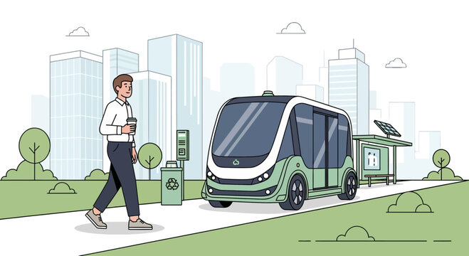 Man walking by autonomous shuttle bus in futuristic city