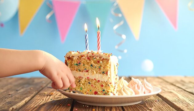 A child's small hand reaching for a lit birthday cake slice adorned with colorful funfetti and cream