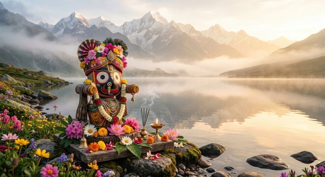 Lord Jagannath idol beside a peaceful Himalayan lake at sunrise