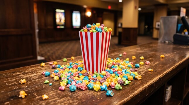 Popcorn bucket overflowing with colorful popcorn scattered across wooden concession counter in movie theater lobby