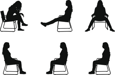 PrintSilhouette figures seated in various chair postures including leaning forward, reclining, upright sitting, and expressive ergonomic body language illustration © MdArifur