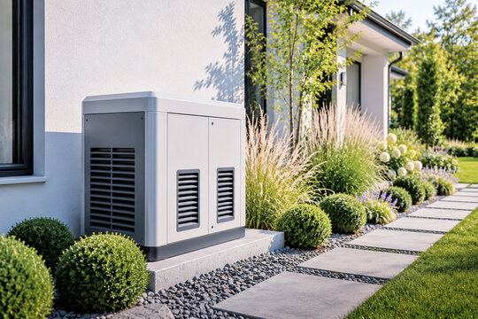 Backup generator and heat pump beside modern luxury house exterior