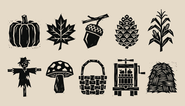 Rustic Fall Harvest Woodcut Illustrations for Seasonal Festivals and Local Market Branding