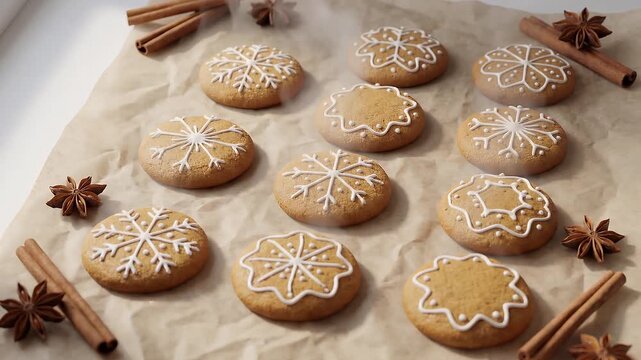 Freshly baked gingerbread cookies with intricate white icing decorations, surrounded by cinnamon sticks and star anise on parchment paper.
