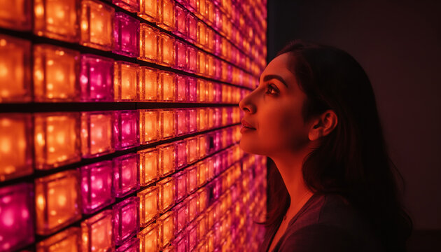Beautiful young woman standing in a dark room looking closely at a massive glowing interactive digital art exhibition wall made of vibrant pink and orange illuminated square light panels