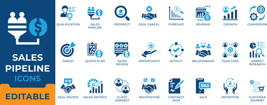 B2B Sales Pipeline CRM Revenue Forecast Customer Journey Lead Conversion Deal Vector Icon Set