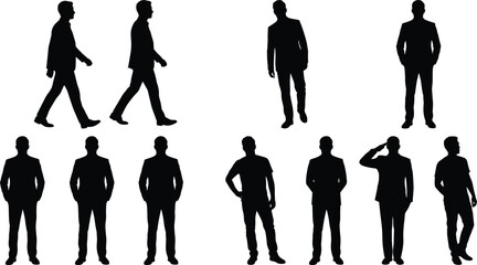 PrintSilhouette icons showing walking standing saluting and casual gestures for human posture illustration body language study and creative design resources © MdArifur