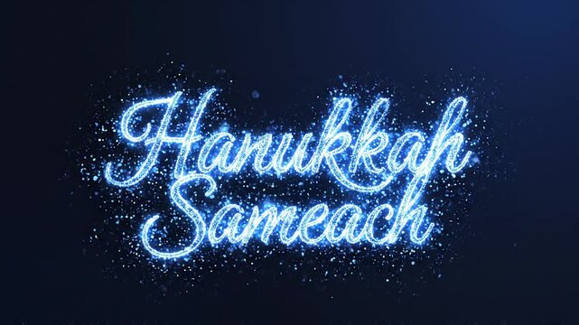 Glowing &ldquo;Hanukkah Sameach&rdquo; text, the Hebrew phrase for Happy Hanukkah, appears with swirling blue and silver light trails on a deep navy background. Bright holiday animation for seasonal greetings.
