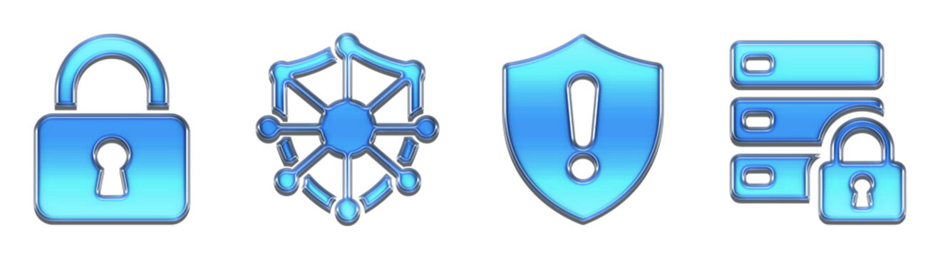Lock shield network and server symbols with 3D glass effect. png transparent
