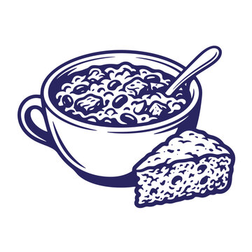 Rustic illustration of a hearty bowl of bean soup with a spoon and a slice of savory bread cornbread illustration monochrome restaurant culinary homemade vegetable