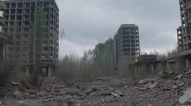 War torn city ruins with destroyed apartment buildings in a cinematic panoramic panning shot for news media and documentary filmmaking