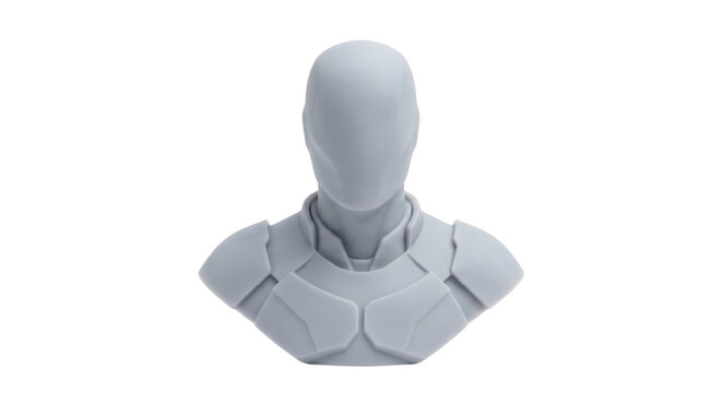Grey featureless humanoid bust wearing futuristic armor isolated