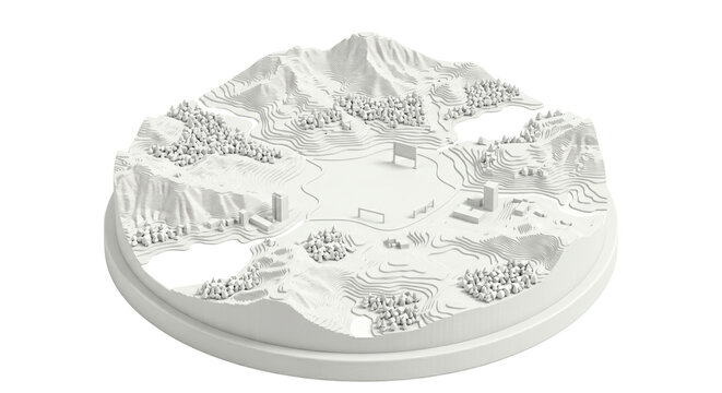 White topographic map diorama with mountains and valleys isolated