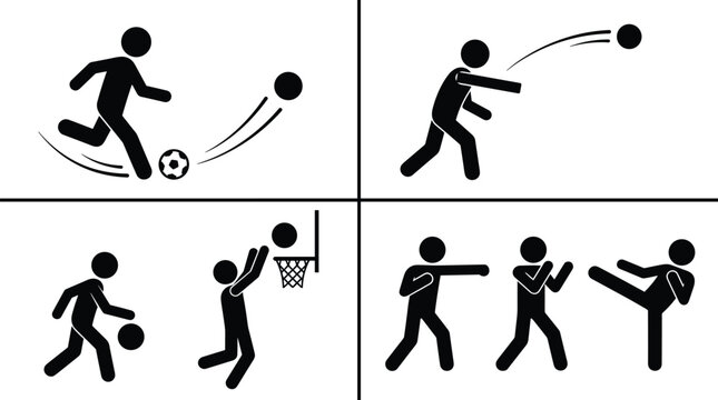 PrintSilhouette stick figures playing soccer basketball baseball and martial arts showcasing diverse athletic activities for creative design projects