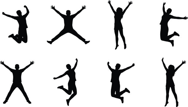 PrintSilhouette stick figures showing energetic jumping poses, dynamic movement, expressive gestures, and human activity illustration in minimalist design.