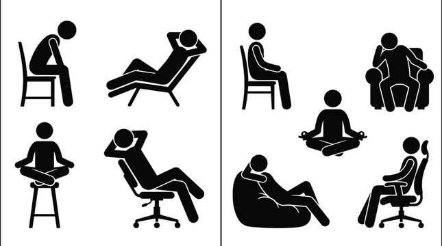 PrintSilhouette stick figures showing sitting and resting postures, ergonomic seating, relaxation, meditation, and comfort illustration in minimalist design.