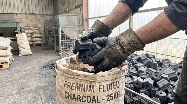 Heavy duty packaging of premium fluted biomass charcoal briquettes for wholesale