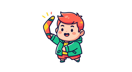 Naklejka premium Cheerful cartoon boy raising hand with bright smile and scarf.