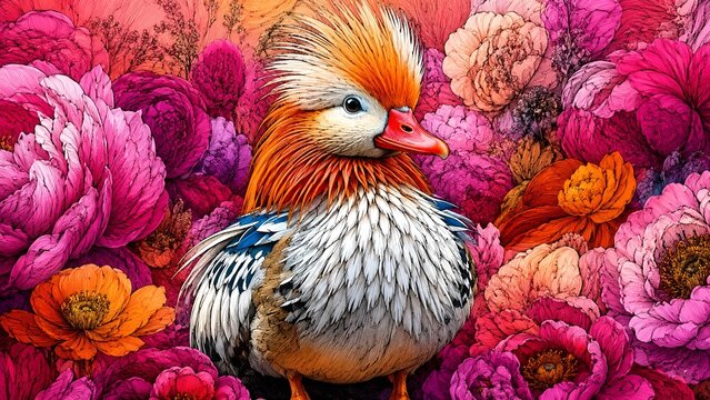 Mandarin duck amid blooming flowers