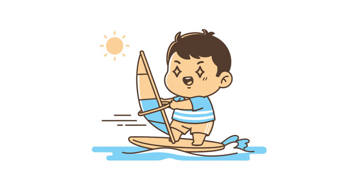 Young boy windsurfing on sunny ocean waves cartoon.