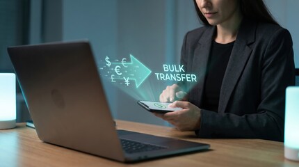 Fototapeta premium Cross Border FinTech Payment Concept: Female Entrepreneur Authorizing Bulk Currency Transfer Between Smartphone and Laptop