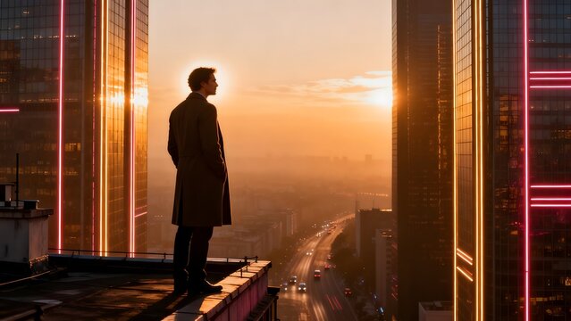 Man on rooftop overlooking city at sunset