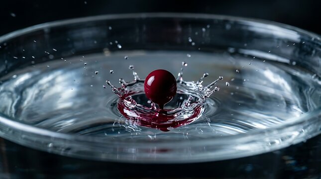 Red drop creating a crown splash in a clear water bowl