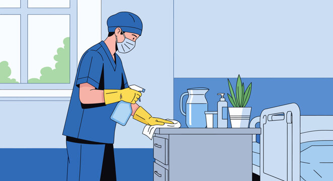 A healthcare worker in scrubs and mask sanitizes a hospital room bedside table with spray and cloth.