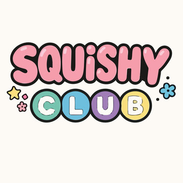 Playful squishy club logo design featuring bold pink typography and colorful circular letters on a soft off white background surface