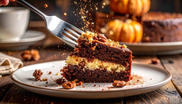 A fork elegantly cuts into a rich slice of moist German chocolate cake, creating a decadent dessert moment.