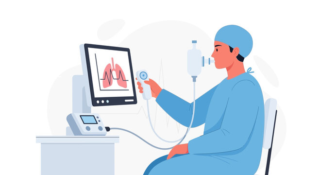 Doctor Performing Lung Function Test with Spirometry Machine and Monitor