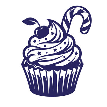 Cupcake graphic illustration with candy cane and cherry frosting illustration isolated celebration birthday delicious confectionery silhouette homemade culinary