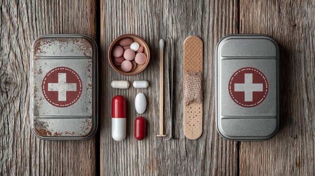 A first-aid kit containing tablets, plasters and tools on a wooden surface &mdash; a backdrop for first aid, outdoor survival or educational materials on basic medicine and emergency preparedness.