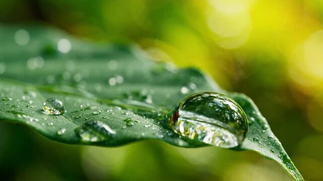 Water droplets on green leaf closeup.