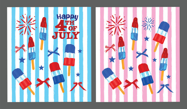 Red White and Blue Rocket Popsicles Fireworks Stars Poster Set for 4th of July Celebration