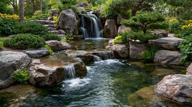 A stone waterfall in a green garden with streams, moss and flowers &mdash; the perfect setting for meditation, landscape design or visualising the harmony between water,  