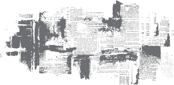 Distressed textured overlay of faded newspaper text and abstract grey shapes grunge