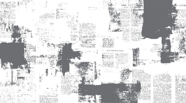 Distressed grunge newspaper texture with grey ink splatters and torn paper effect
