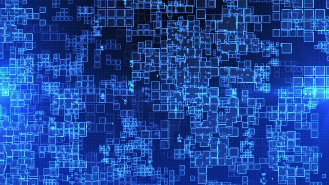 Abstract futuristic technology background with glowing blue square elements and digital grid structure. Modern cyber design representing data flow, virtual systems, AI, networking, and innovation. Ide