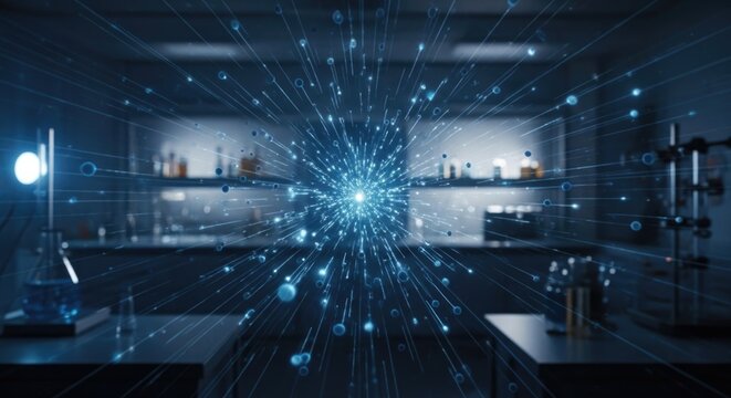 Luminous blue radiant discharge spreading kinetic particle streams across a futuristic scientific research facility, illustrating wave energy transfer and signal dispersion.