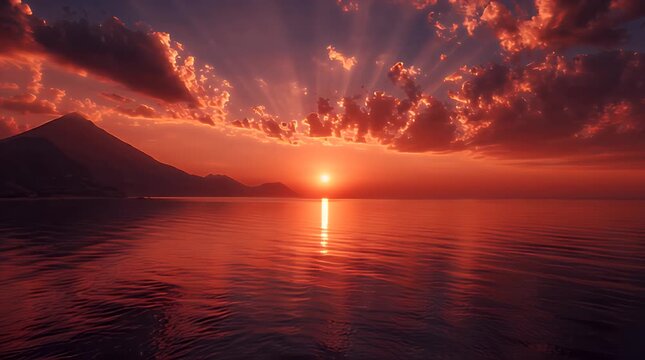 Vibrant sunset glowing over calm tropical waters with sunbeams piercing clouds in a cinematic panoramic panning shot for travel marketing