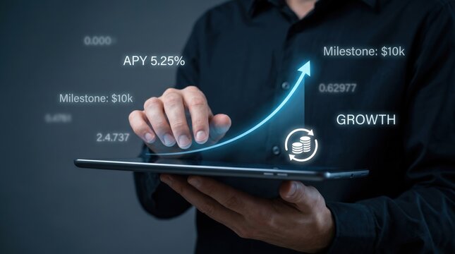 Exponential Growth and Compounding Interest Concept: Professional Holding Tablet with Hockey-Stick Chart, High APY Data, and Glowing Compounding Icon