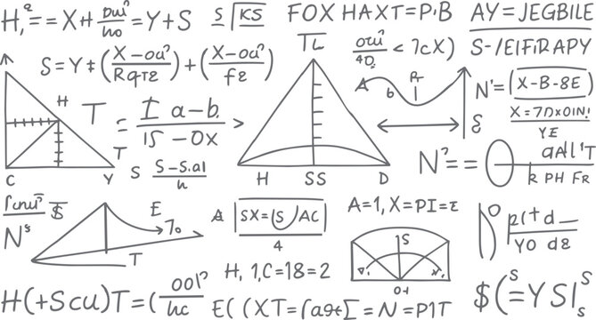 Hand drawn mathematical equations and geometric diagrams on a white background mathematics formula science