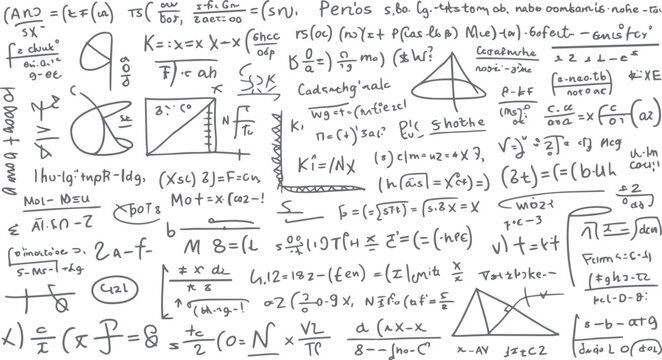 Hand drawn mathematical equations and geometric shapes on a white background with gray ink mathematics