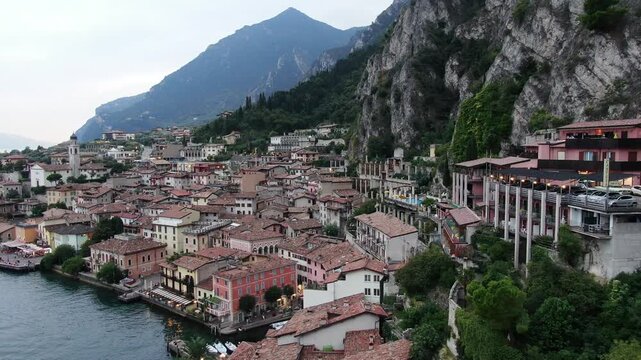 Limone sul Garda Lakeside Town and Mountain Cliffs in Italy in Limone sul Garda, Lake Garda, Italy