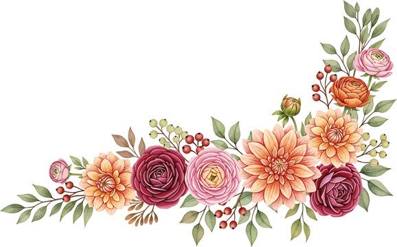 Watercolor floral corner border with pink ranunculus orange dahlias and green leaves for wedding invitation design vector illustration