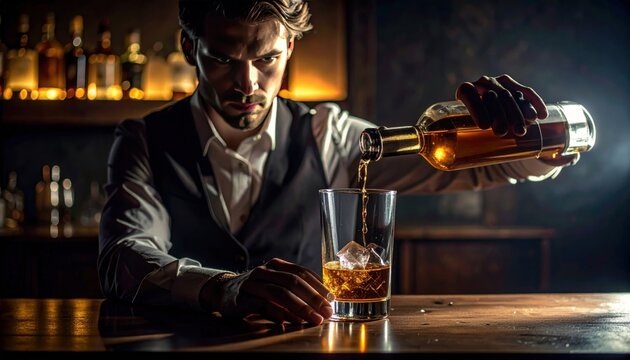 Well-dressed bartender pours amber liquid over ice into a glass