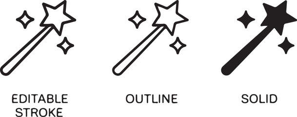 AI magic wand icon set. Generate symbol and Artificial intelligence sign. Line and silhouette icon. Icons for app user interface and web elements. Vector illustration. Editable stroke. © MstHazara